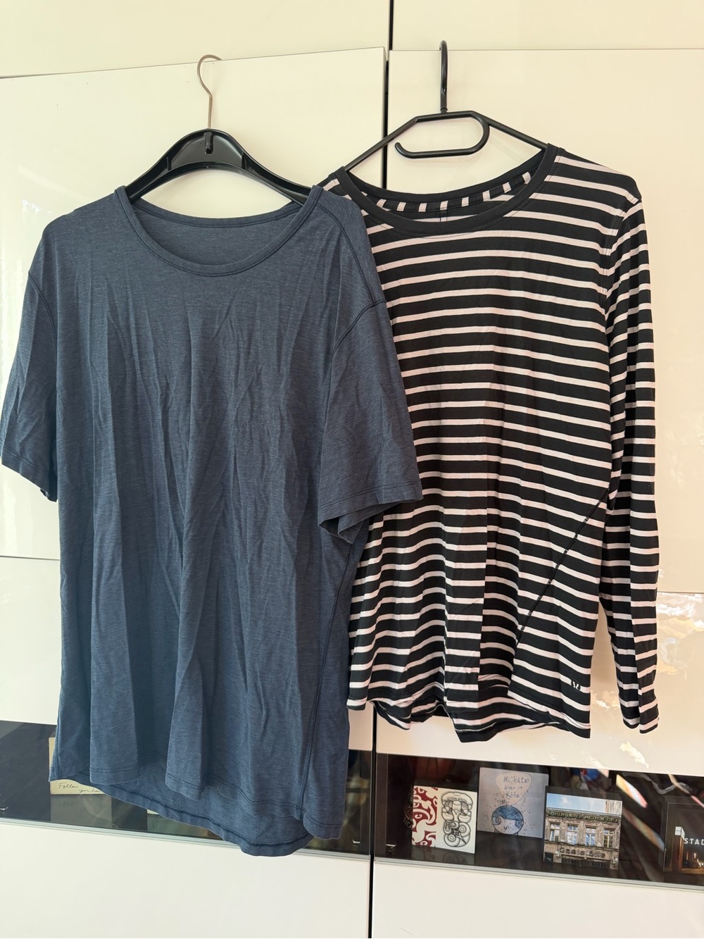 lululemon athletica Navy Blue T-Shirt & Black White Striped Long Sleeve Tee